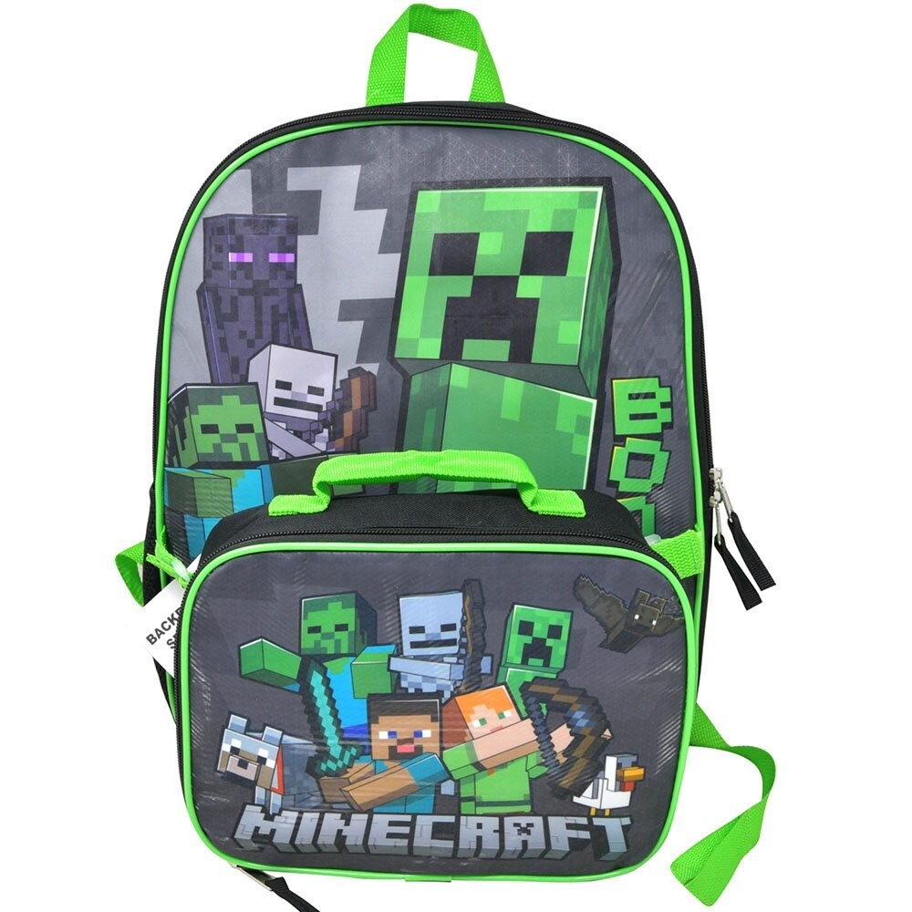 Minecraft Large 16" School Backpack w/ Detachable Lunch Bag 