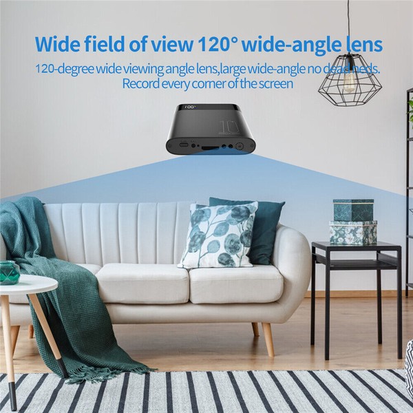 Projector with 120-degree lens in modern living room setting.