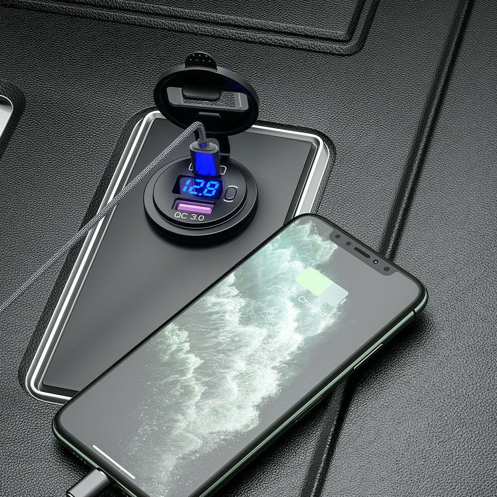 12V QC3.0 Dual USB Car Fast Charger Socket Power Outlet LED Voltmeter Waterproof
