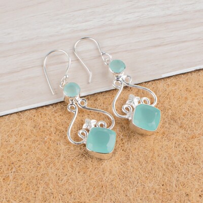 Natural Aqua Chalcedony Gemstone Jewelry 925 Sterling Silver Earrings For Girls