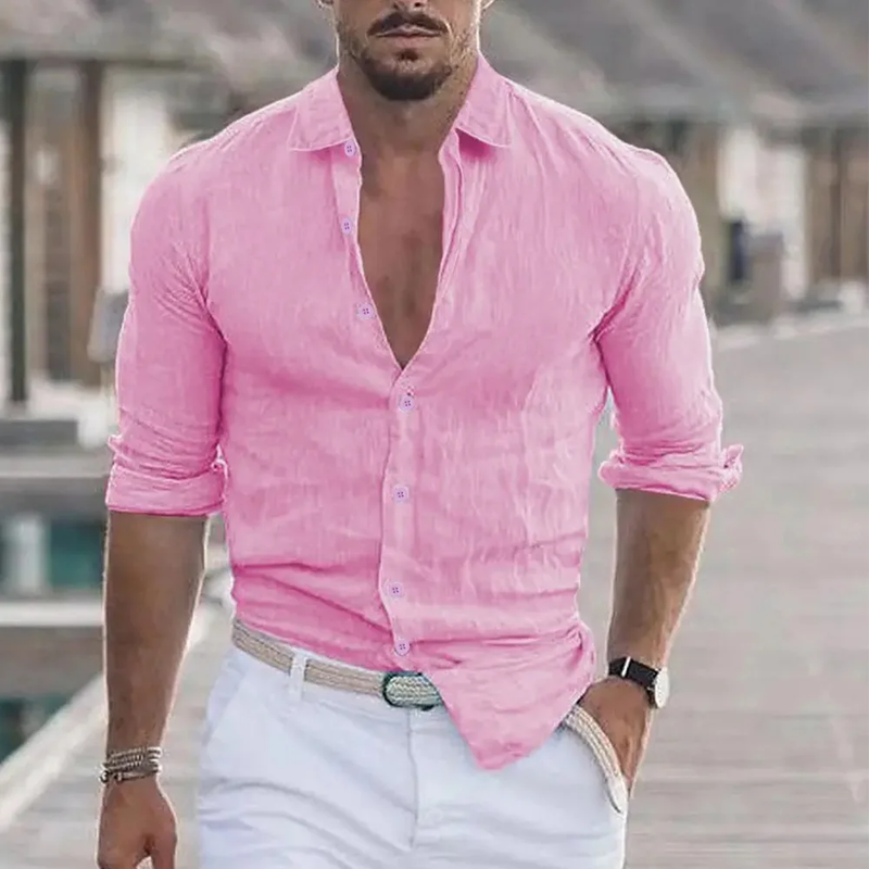 New Men'S Shirt Cotton Linen Fashion Casual Polo Neck Beach Shirt Long Sleeve So