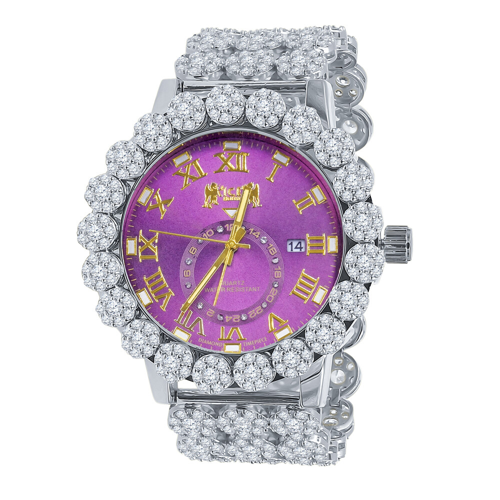 Pre-owned Icy Purple Amethyst 12 Real Diamond Roman Dial Flower Band Bezel Gold Tone Watch