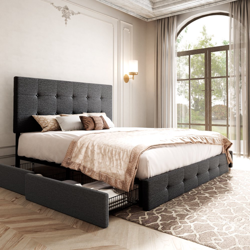 Upholstered Platform Bed Frame Button Tufted Headboard 4 Storage Drawers Queen