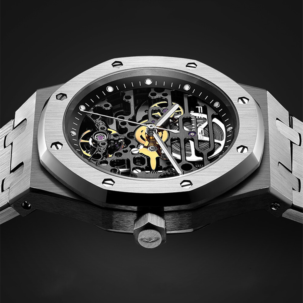 Pre-owned Feice Men's Automatic Mechanical Watch Skeleton Hollow Out Sapphire Glass Sports Watch