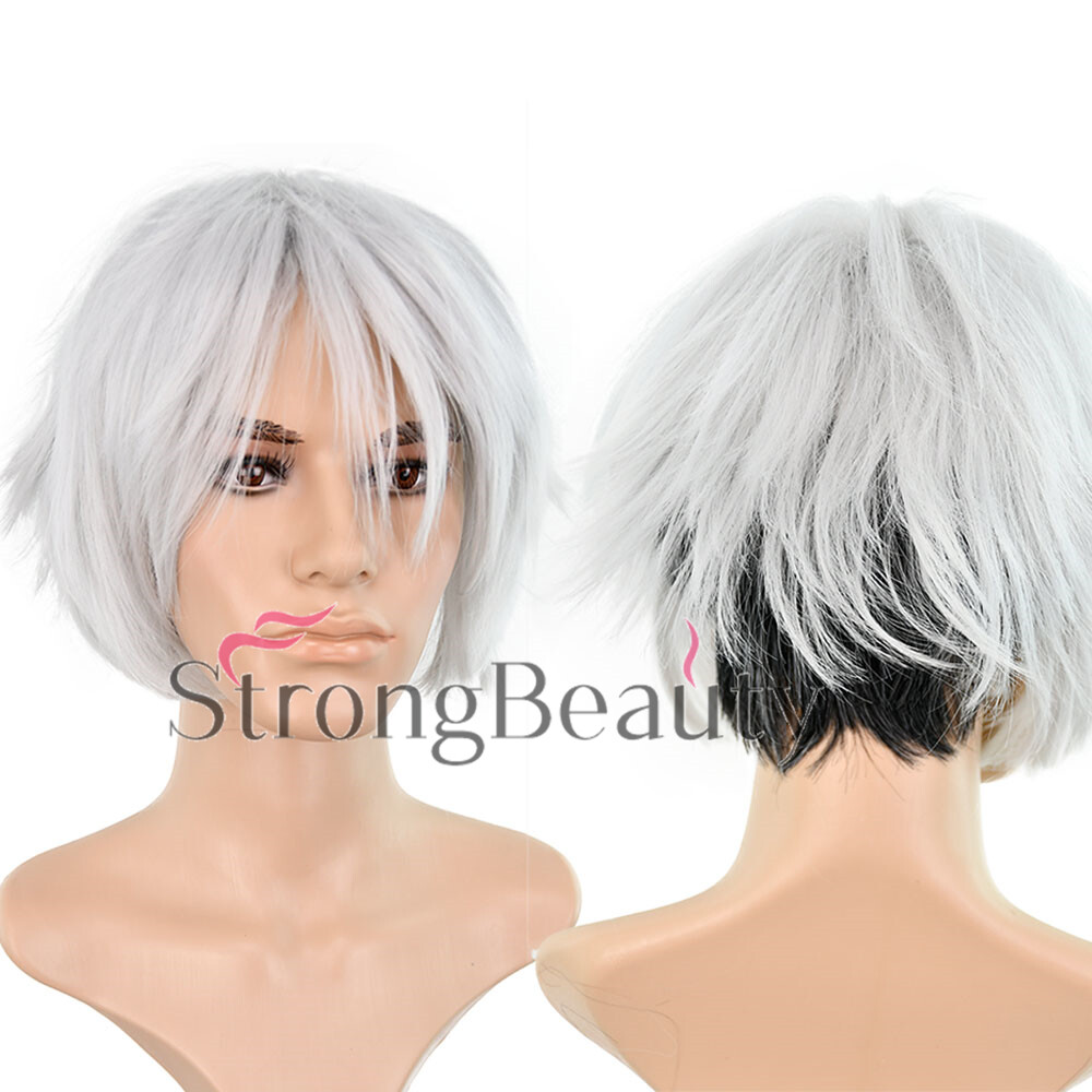 Women Men Straight Short Silver Black Hair Wig Cosplay Party Rock