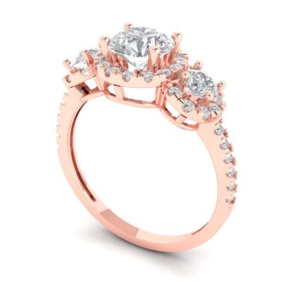 Pre-owned Pucci 1.75 Round Halo 3 Stone Moissanite Classic Bridal Statement Ring 14k Rose Gold In White/colorless
