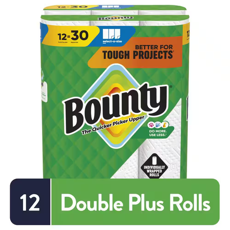 Bounty Paper Towels Select A Size White 12 Double Plus Rolls Strong Absorbent
