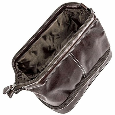 Mens Toiletry Bags Bottom Zip Bag, Vegan Leather Top Frame Travel Kit, Brown