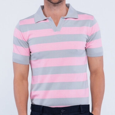 1729 NWT EDOARDO CARAVELLAV-NECK SHORT SLEEVE POLO SHIRT   STRIPED PINK + GRAY