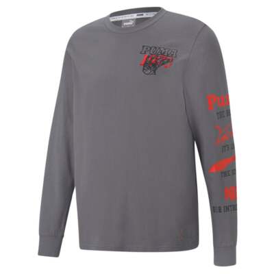 

Puma Overtime Ls Graphic Long Sleeve Pullover Shirt Мужские серые повседневные топы 532095, Grey, Puma Overtime Ls Graphic Long Sleeve Pullover Shirt