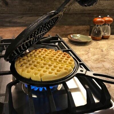 Lehman's Cast Iron Waffle Maker, Pre-Seasoned Stovetop 2 Pc Pan Makes 7" Waffles