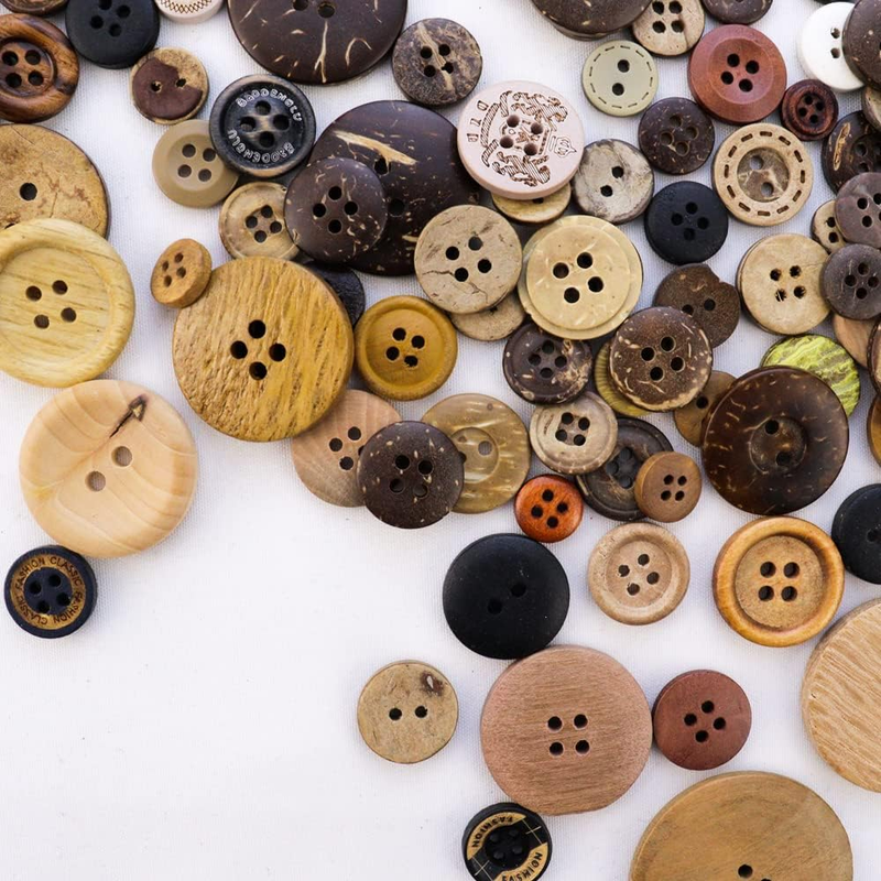 TCOTBE 600 Pcs Assorted Sizes Wooden Buttons Mixed Colors Coconut Shell Wood Han