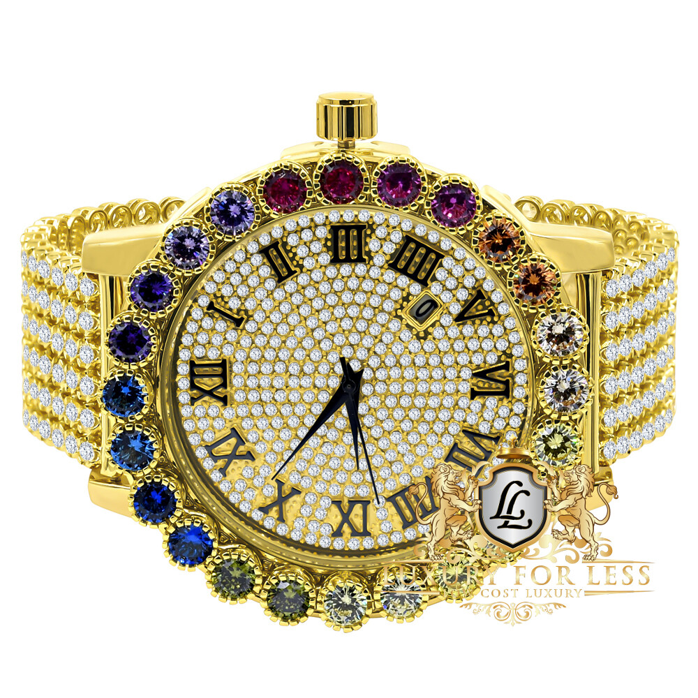 Pre-owned Ice House Roman Numeral Big Xl 55mm Rainbow Multi Tone Prong Set Custom Men's Custom Watch