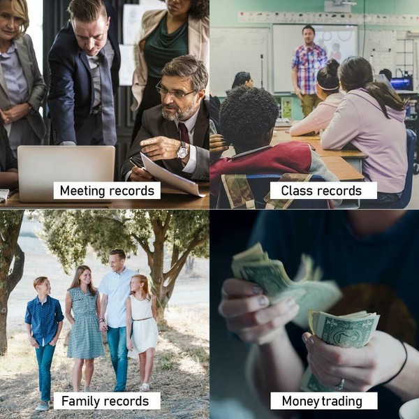 Office meeting, classroom learning, family walking, person counting money.