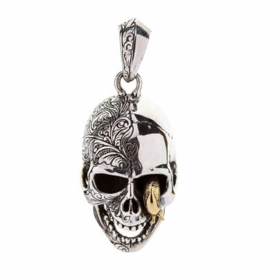 925 Sterling Silver Big Worm Skull Head Pendant Snake Gothic Biker Rocker Harley