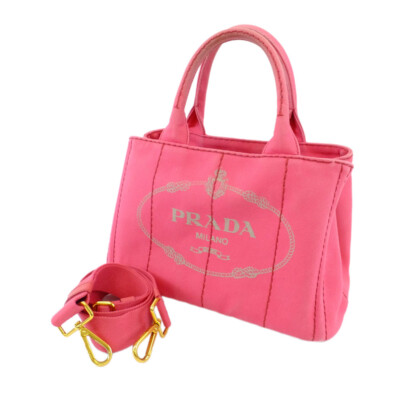 Authentic PRADA Canapa Canvas 2Way Shoulder Cross Body Hand Bag Pink  Gold