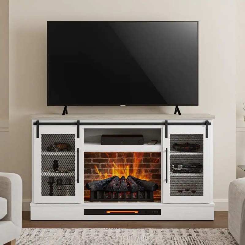Ing Electric Fireplace Tv Stand W/ Sliding Mesh Barn Door Wh