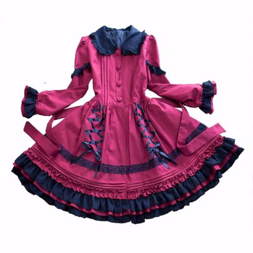Pre-owned Handmade Custom Made To Order Lolita Lace Up Ruffle Big Swing Fitted Coat Plus 1x-10xl172 In Burgundy/black