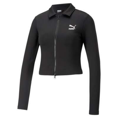 

Puma Classics Укороченная рубашка с длинным рукавом и полной молнией Женские черные повседневные топы 539004, Черный