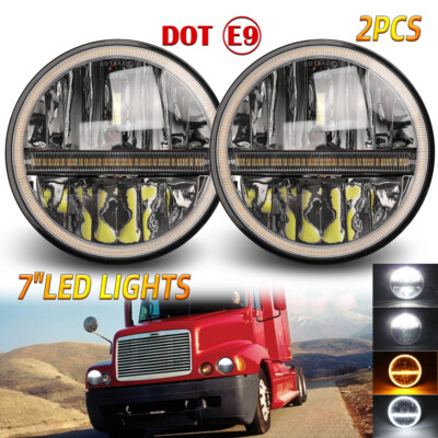 Pair for Peterbilt Kenworth Freightliner 7'' Led Round Headlights HI/Low Beam DRL