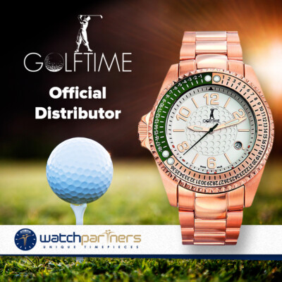 Pre-owned Golftime Swiss Golf Watch Keeps Score 100m Wr Grn/gold Bezel Gold Bracelet Gt002