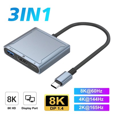 3IN1 8K USB Type C to Displayport DP USB3.0 PD100W Docking Station Adapter Cable