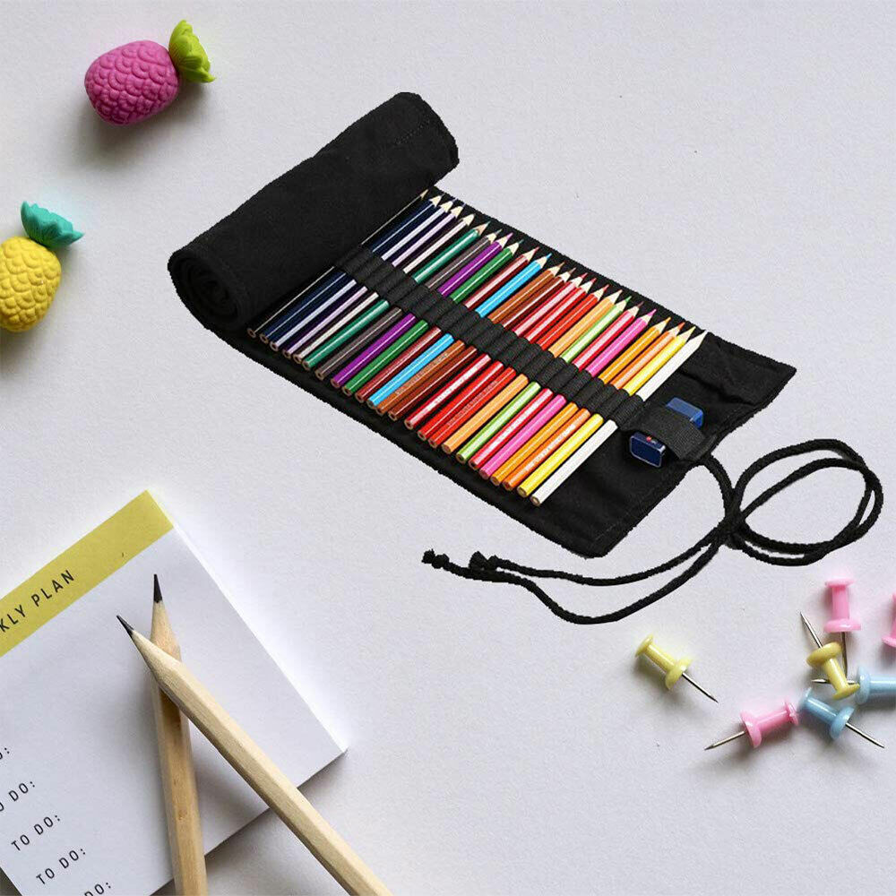 Colored Canvas Roll Up Pencil Case Wrap Pen Holder Bag Storage Pouch 12-72 Holes