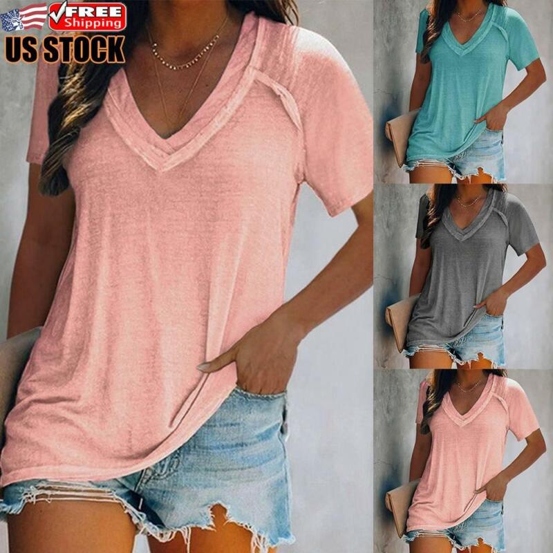 Womens Summer Short Sleeve V Neck T Shirt Tops Ladies Casual Loose Blouse Tee Us