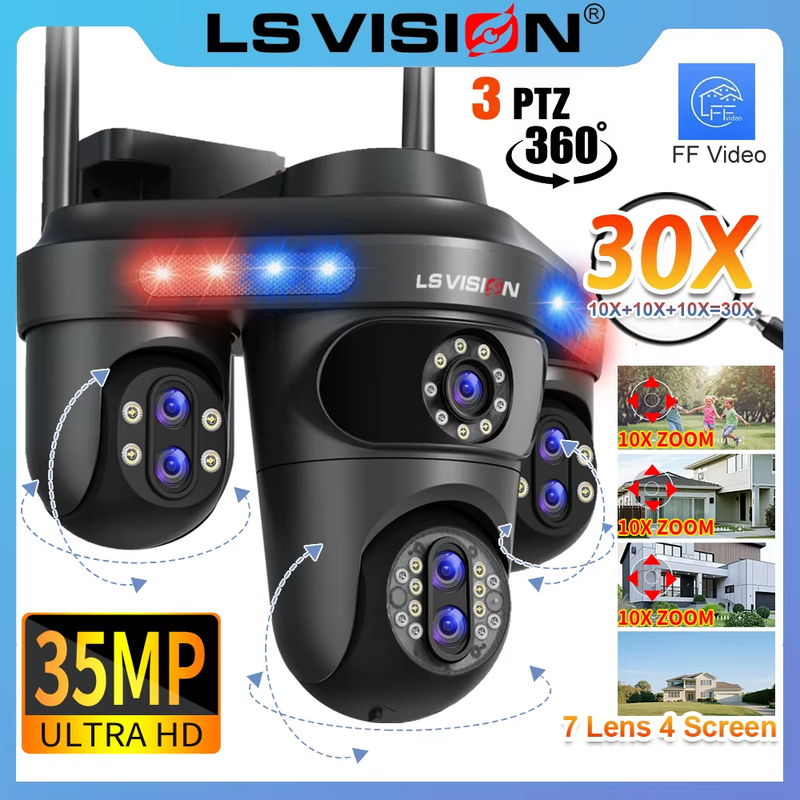 LS VISION 10XZoom 4 Screens WiFi IP Camera Outdoor 35MP 7 Lenses Video Surveilla