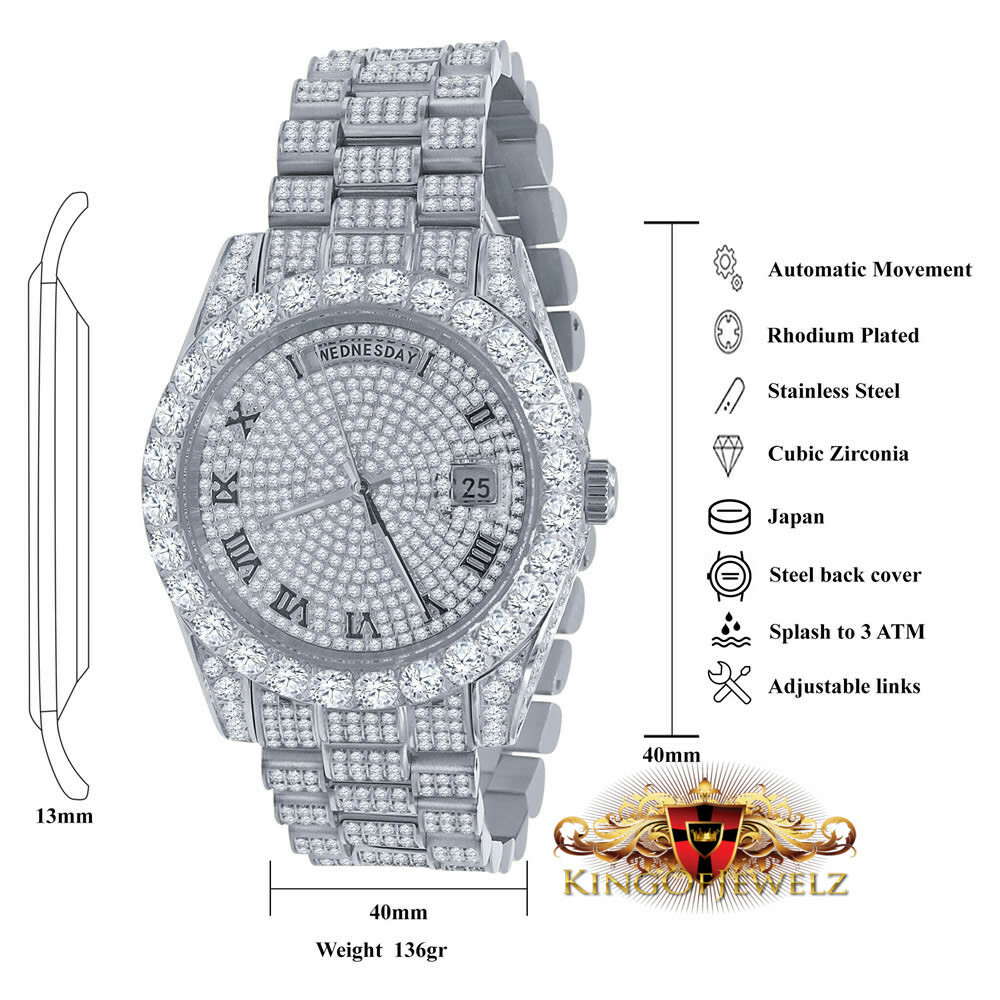 Pre-owned Bling Master 18k White Gold Finish Solid Stainless Steel Day Date Roman Dial Solitaire Bezel