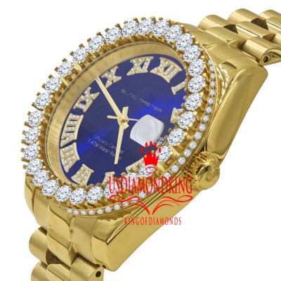 Pre-owned Bling Master Mens Solid Steel Blue Dial 18k Gold Simulated Diamonds Presidential Watch 42mm