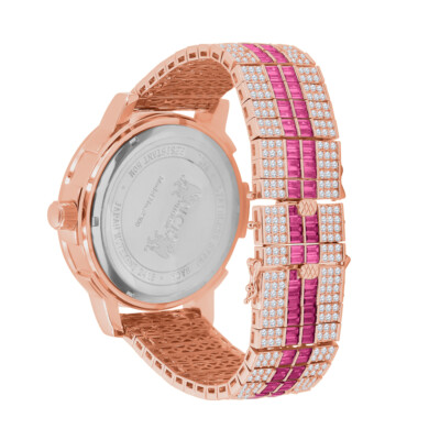 Pre-owned Ice House Rose Gold Ruby Red Real Diamond Dial Watch Stainless Steel Custom Bezel & Band