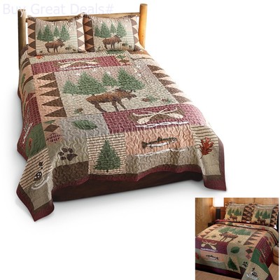 Queen Quilt Set Comforter Rustic Home Moose Bear Log Cabin Lodge Cotton Shams