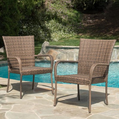 Noble House Littleton Mixed Mocha Stackable Wicker Outdoor Dining Chairs (Set