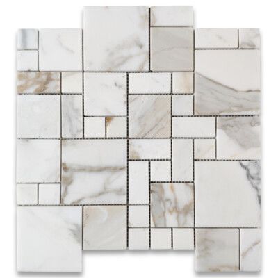 G96XH Calacatta Gold Marble Mini Versailles French Paragon Mosaic Tile Honed