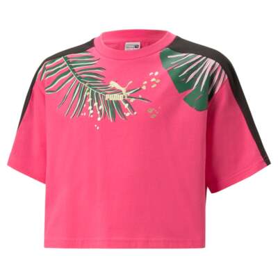 

Puma T7 Vacay Queen Укороченная футболка с круглым вырезом и короткими рукавами с рисунком для молодежи и девочек S, Розовый, Puma T7 Vacay Queen Cropped Graphic Crew Neck Short Sleeve T-Shir