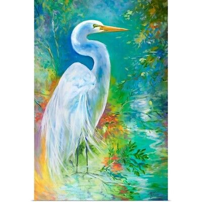 White Egret Landscape Waters Poster Art Print, Bird Home Dec