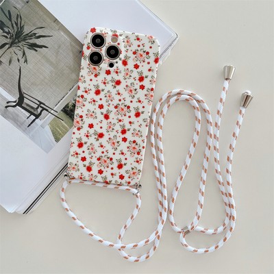 For iPhone 15 Pro Max 14 13 12 11 XR 7 Plus Cute Floral With Lanyard Phone Case