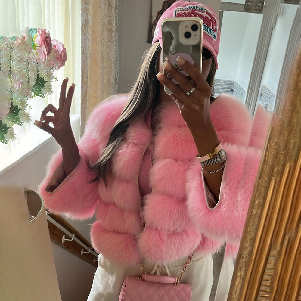 Pink Real Fox Fur Short Coat Women's Winter Genuine Fur