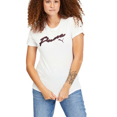 

Puma Cursive Cf Logo Футболка с круглым вырезом и короткими рукавами Женские белые повседневные топы 672, Белый