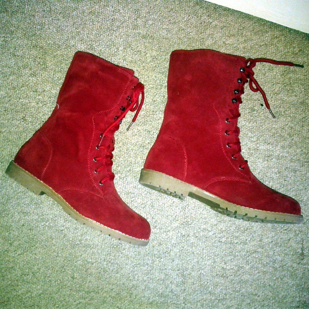 New Red Suede Boots Lace Up Flat Ankle Boots size 6 6.5 40 Doc Marten Style Punk | in Biggar