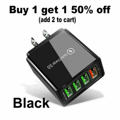 Black US 4 Port Quick Charge QC 3.0 USB Hub Wall Charger Power Adapter Plug