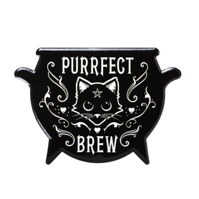 Alchemy Gothic Purrfect Brew Ceramic Coaster Black & White Home Decor Witch Cat