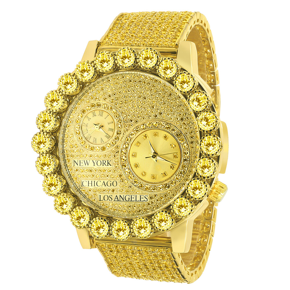 Pre-owned Ice Master Canary Gold Tone Men's Prong Set Real Diamond Dial 2 Time Zone Chronograph Watch