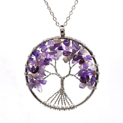 7 Chakra Natural Amethyst Crystal Tree of Life Heart Pendant Healing Necklace