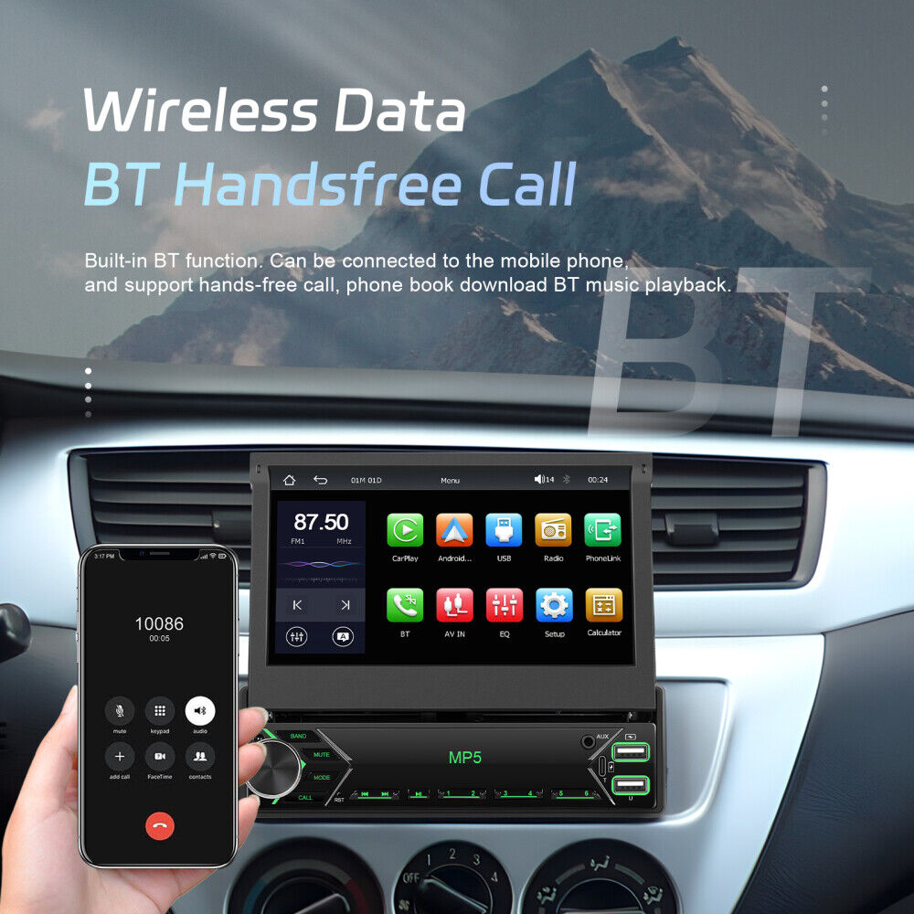Single 1DIN 7" Car Stereo Radio Apple Carplay Android Auto GPS Flip Out Screen