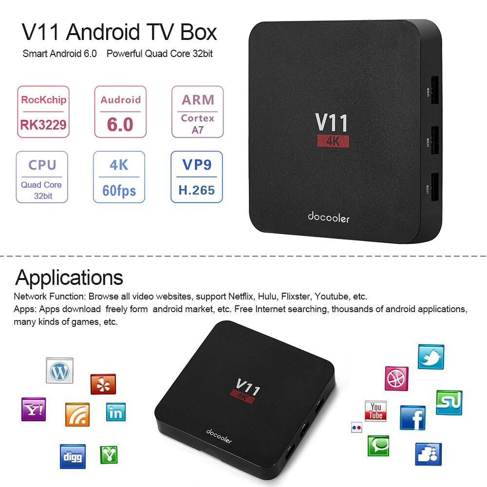 Docooler V11 Android 6.0 TV Box 2G//8G H.265 HD 4K RK3229 Quad Core WiFi 3D Media