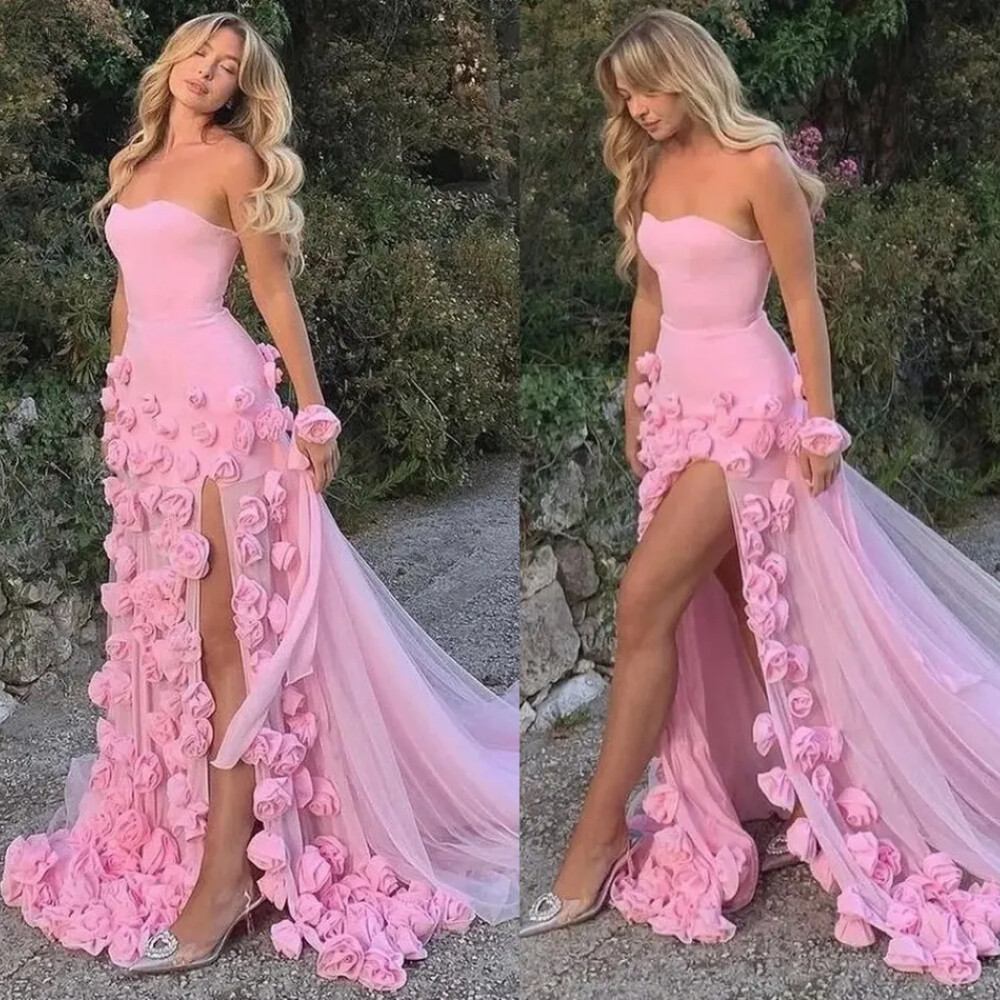 Pink 3D Flowers Evening Dresses Side Split Strapless Tulle