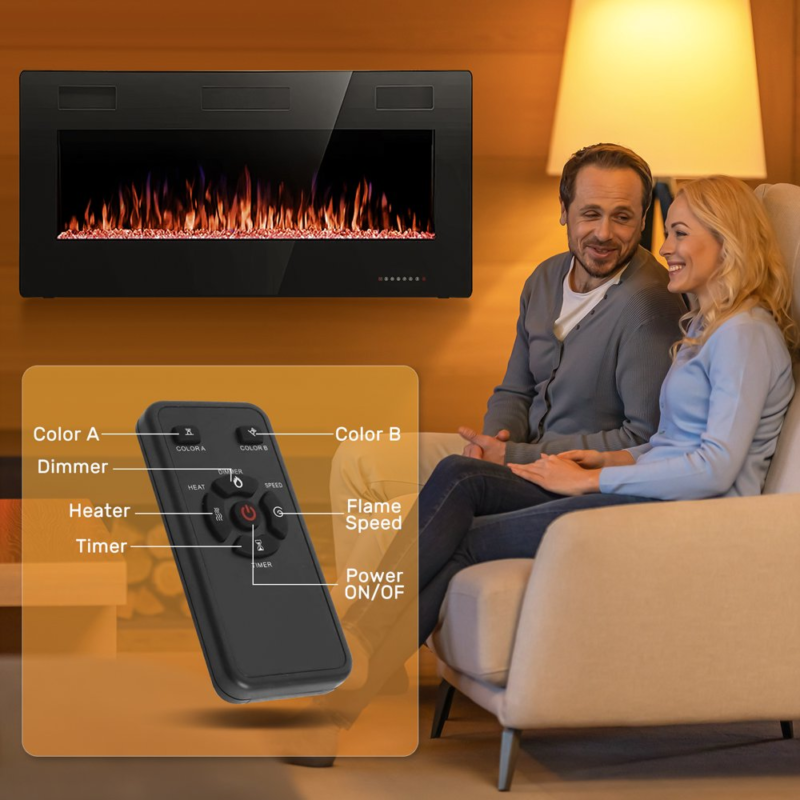 Calentador Chimenea Electrico Empotrado Pared Luces LED Pantalla Vidrio Lineal