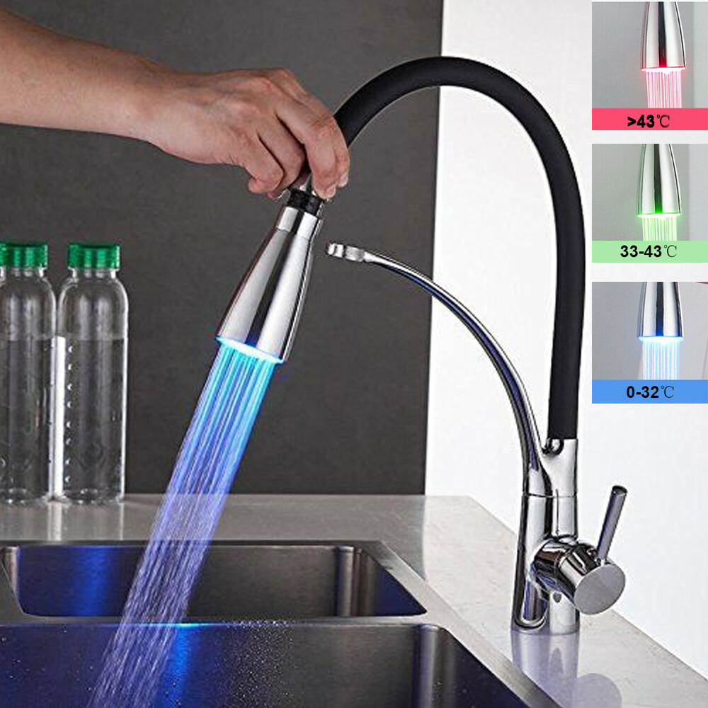 Led Kitchen Sink Mixer Taps Swivel Spout Pull Out Brass Tap Chrome